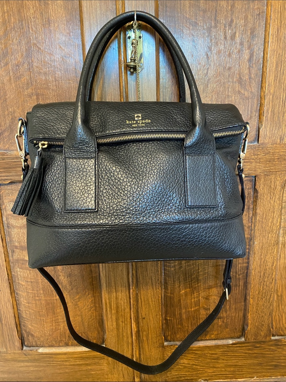 Kate Spade Southport black pebbled Leather fold over satchel hand bag